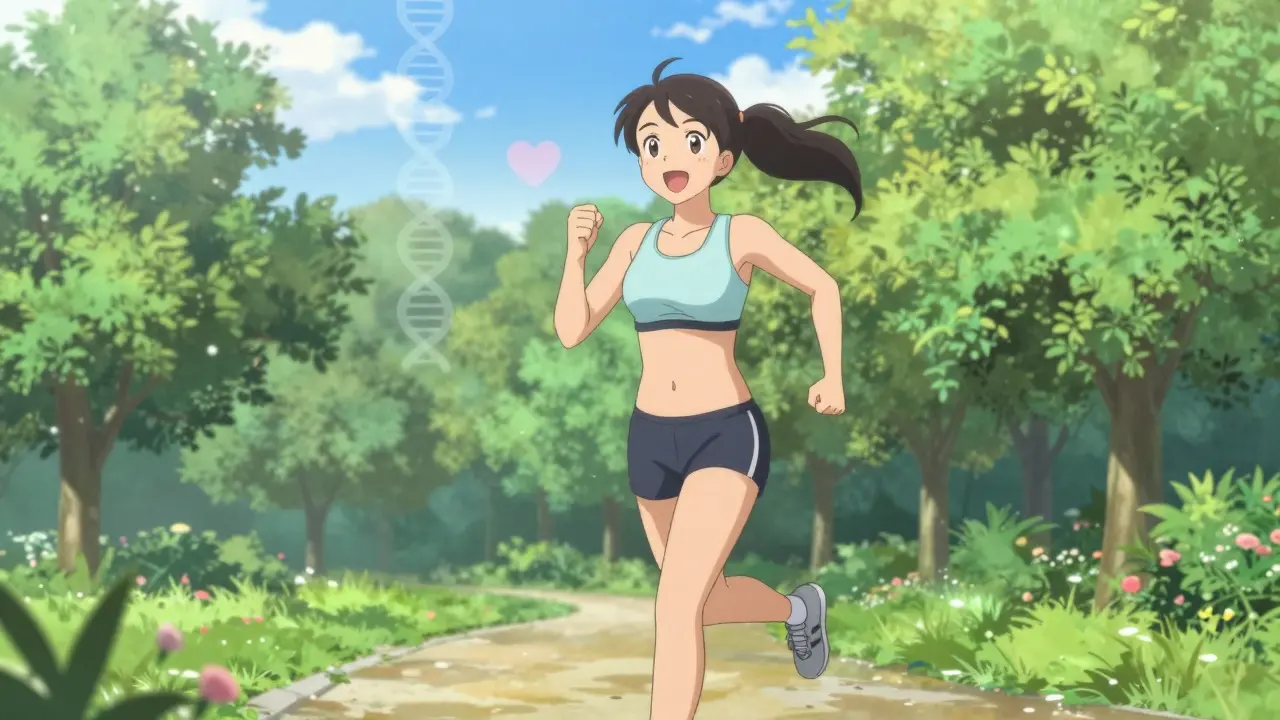 Happy anime girl jogging in a park with DNA and heart symbols