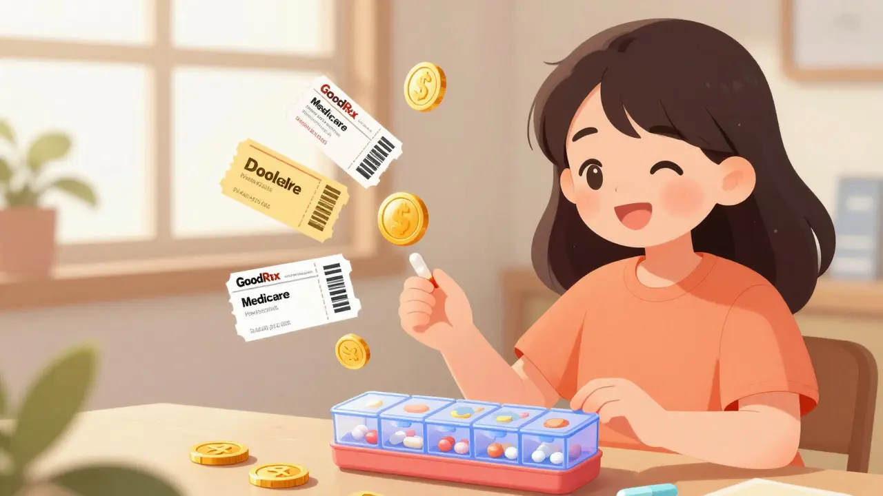Happy anime girl organizing pills and comparing discount coupons