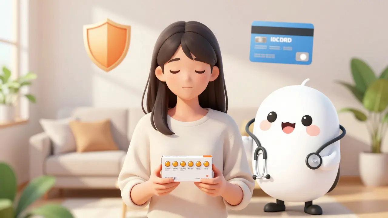 Happy anime girl with medicine box and safety mascot indoors
