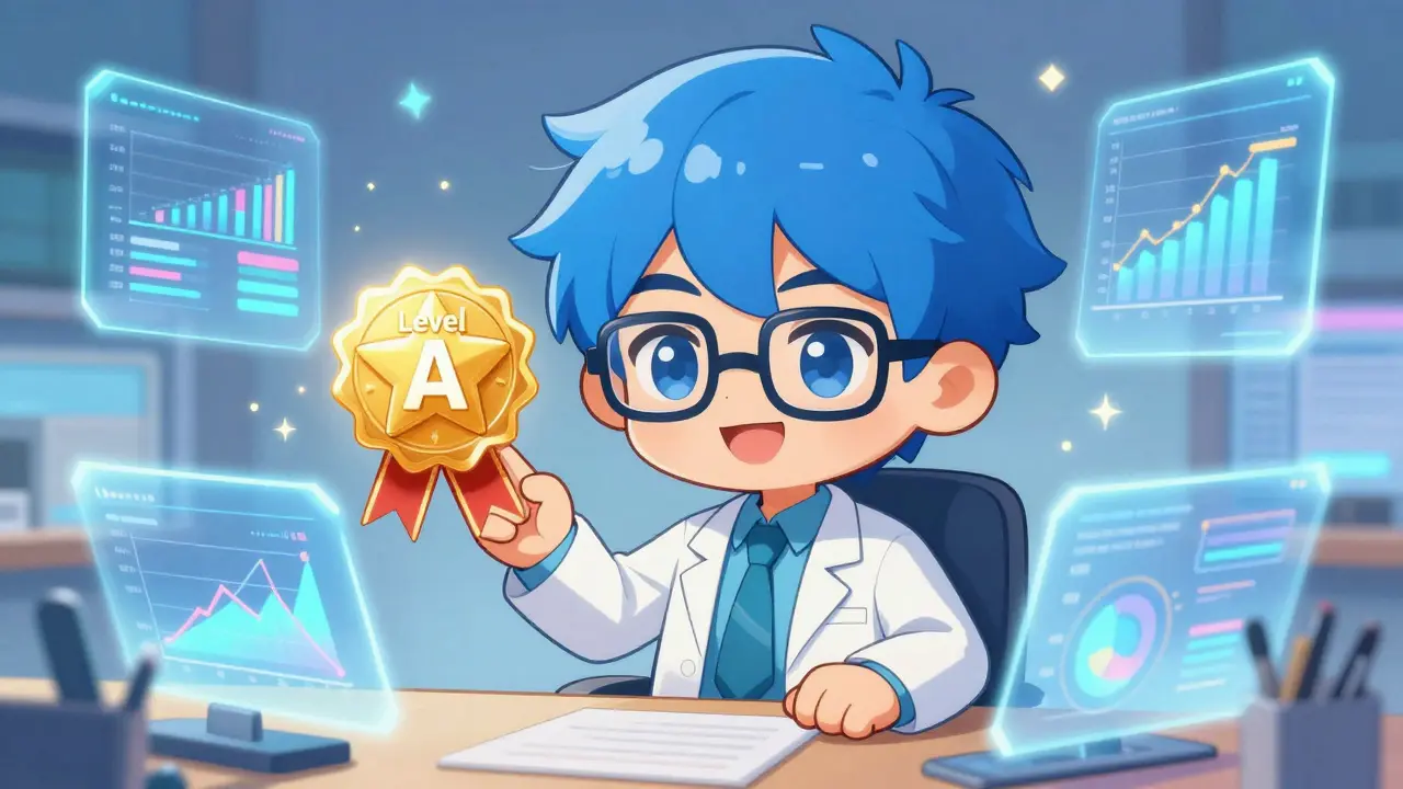 Happy anime researcher pointing at a golden success badge icon