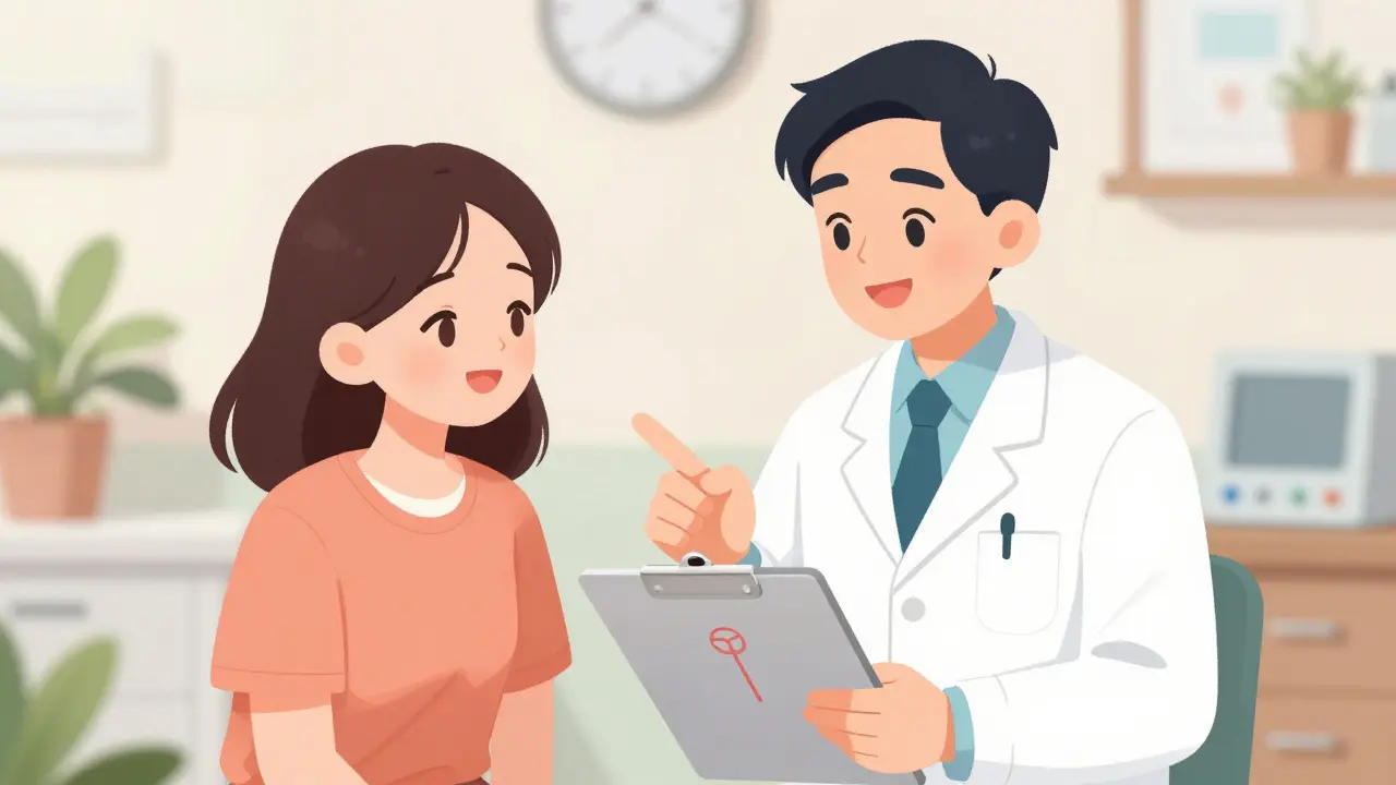 Happy anime woman discussing safe IUD options with a smiling doctor.