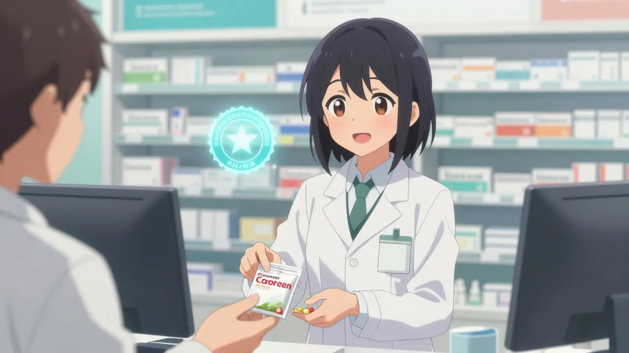 Kawaii pharmacist handing generic pills at counter