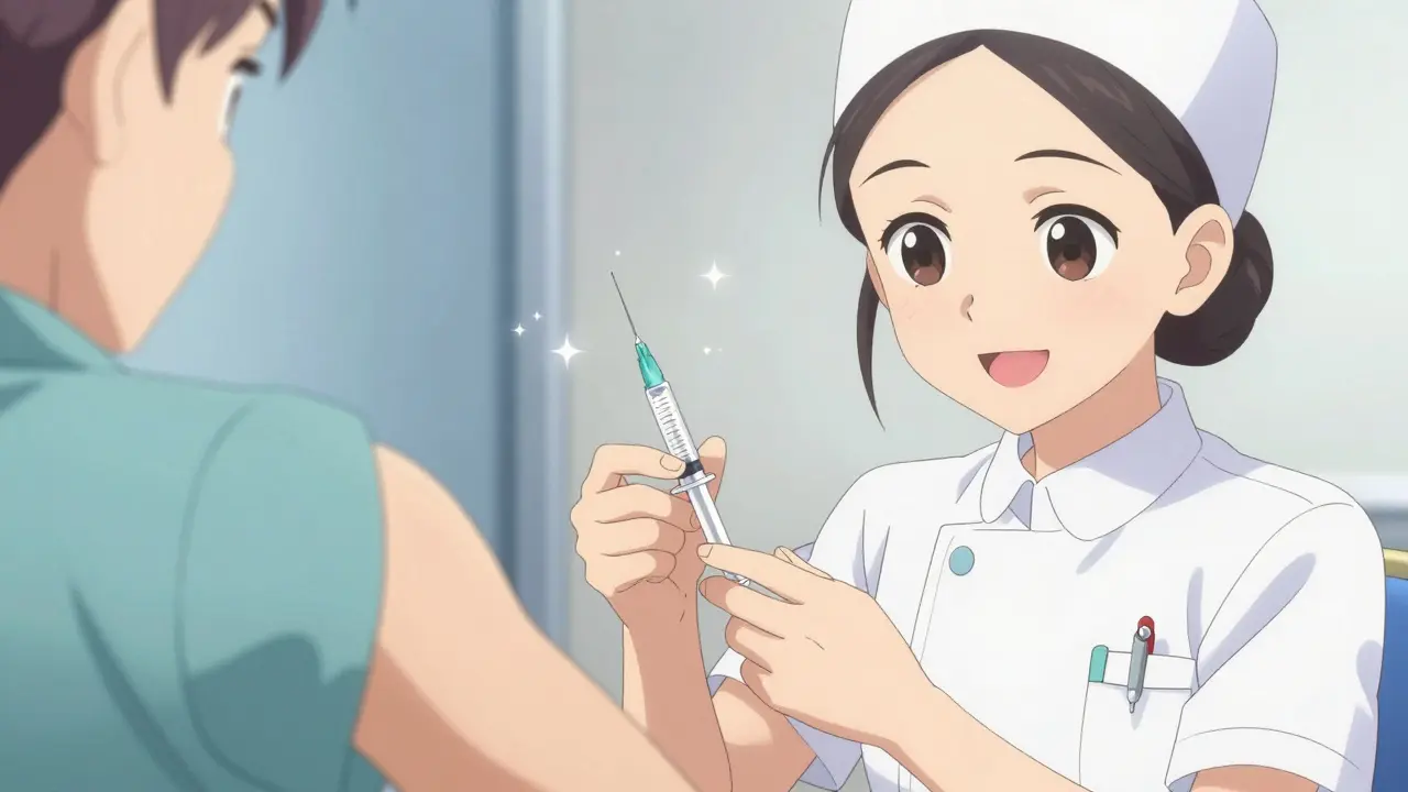 Kind nurse preparing an ACTH injection for a patient in moe anime style