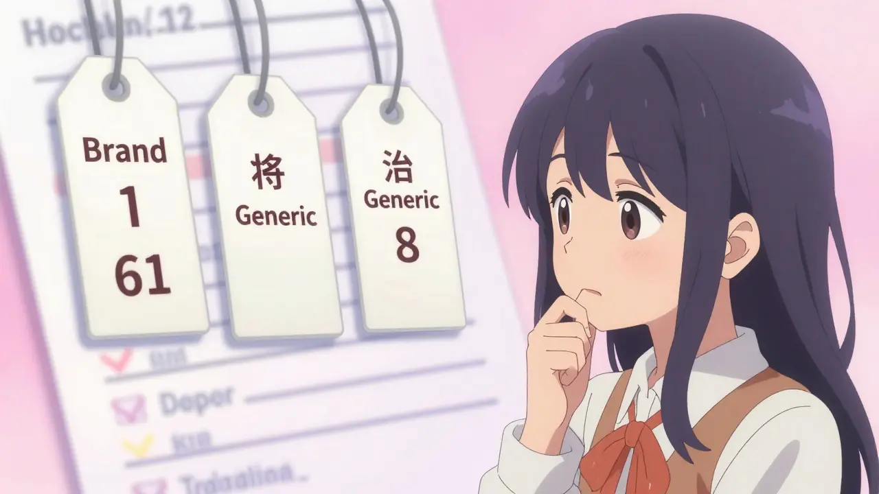 Moe anime girl thinking about different medication prices and options.