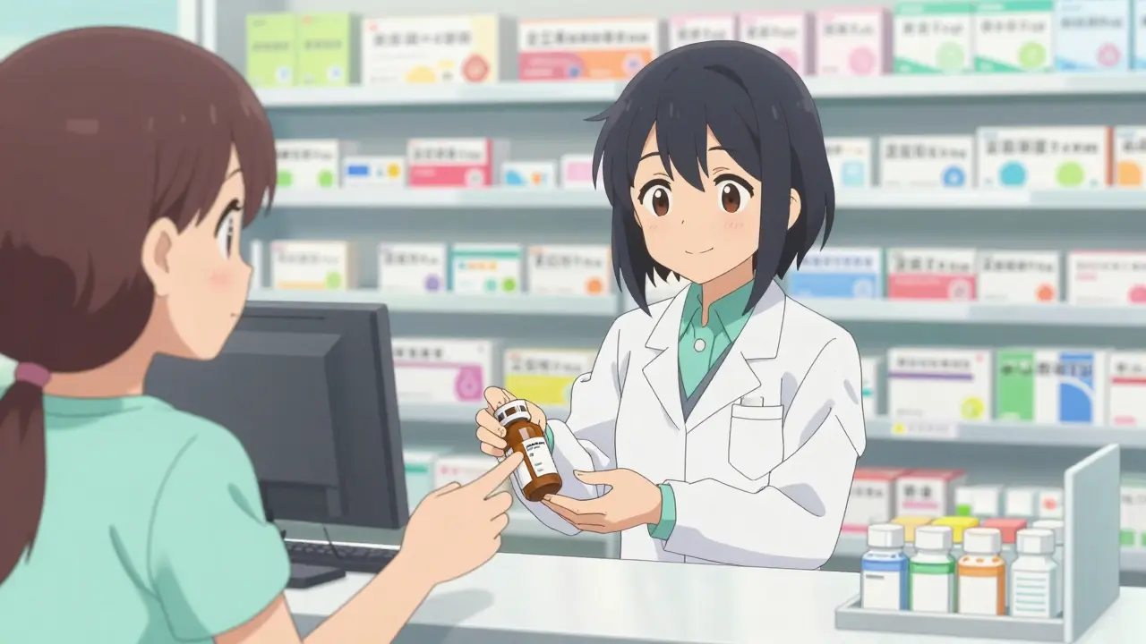 Moe-style anime pharmacist handing a medicine bottle to a grateful customer at a pharmacy.