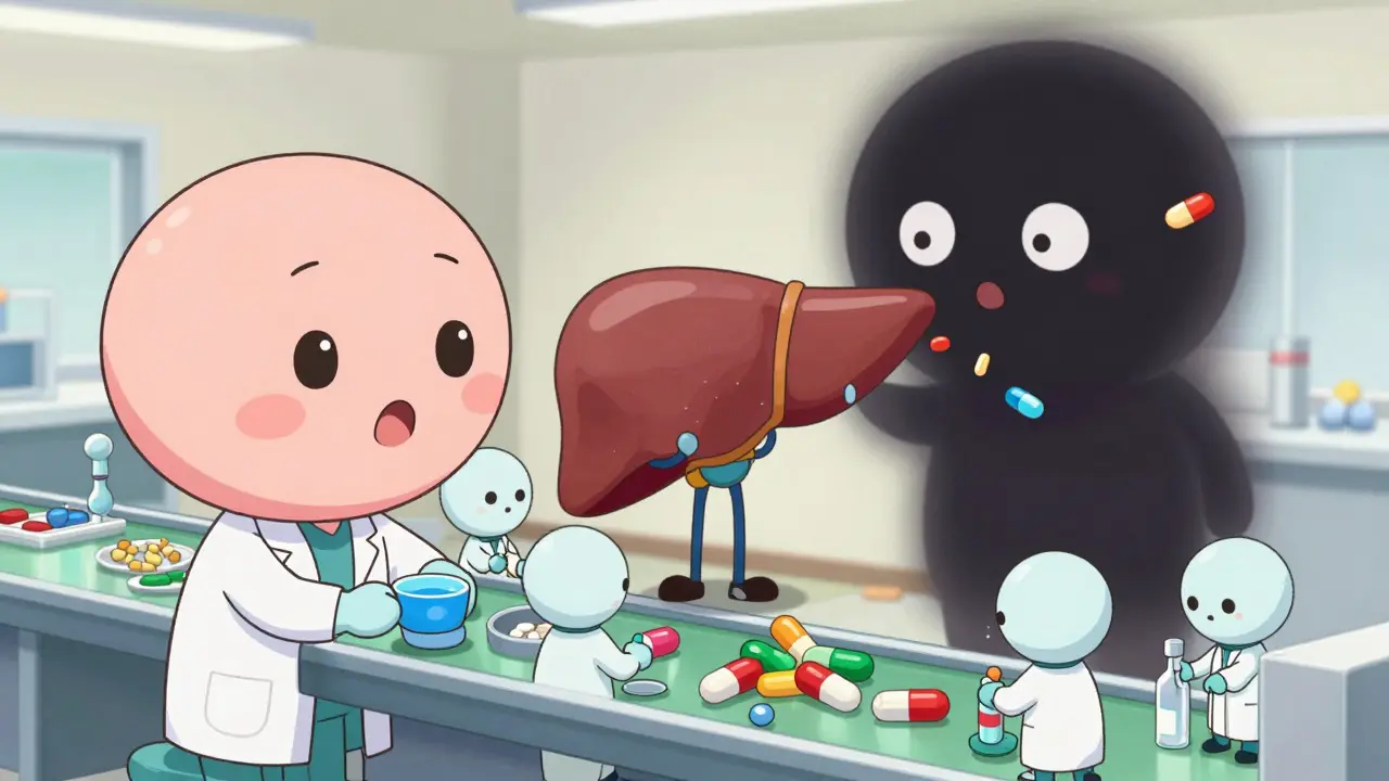 Moe style illustration of liver enzymes struggling against drug interference.