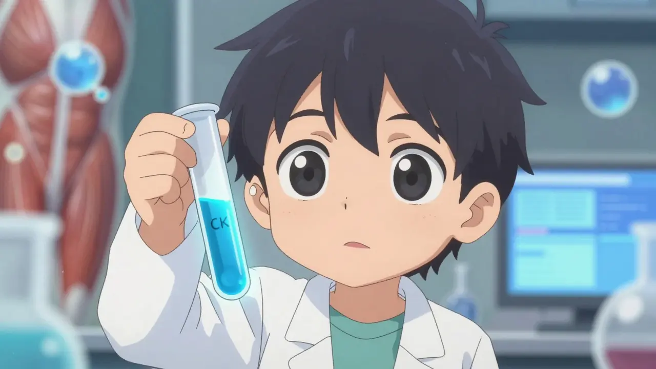 Moe style lab tech holding a glowing test tube for blood analysis