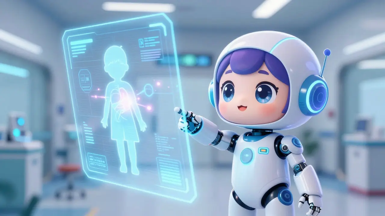Moe style robot assistant analyzing child health data hologram