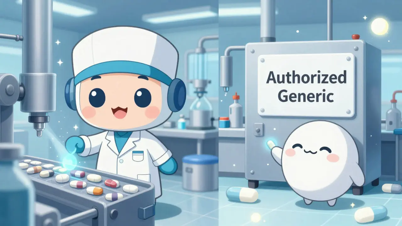 Split-screen anime art showing identical pill manufacturing processes in a clean, sparkling factory setting.