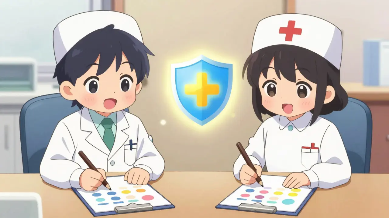 Two kawaii doctors independently checking medication doses