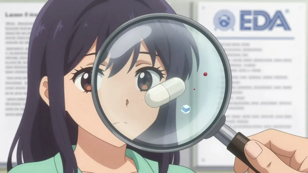Anime character examining pill ingredients with a magnifying glass