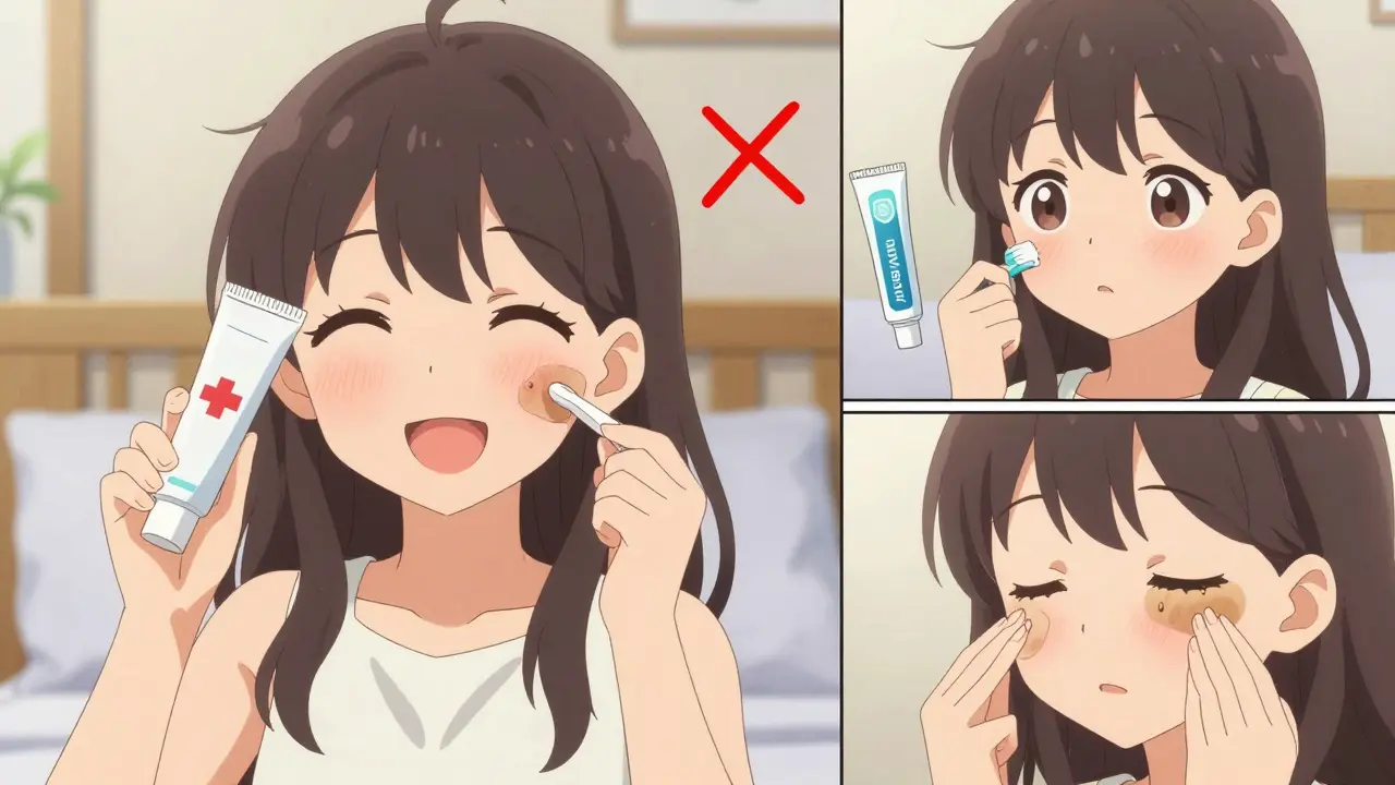 Anime girl correctly treating a cold sore and pimple, avoiding toothpaste.