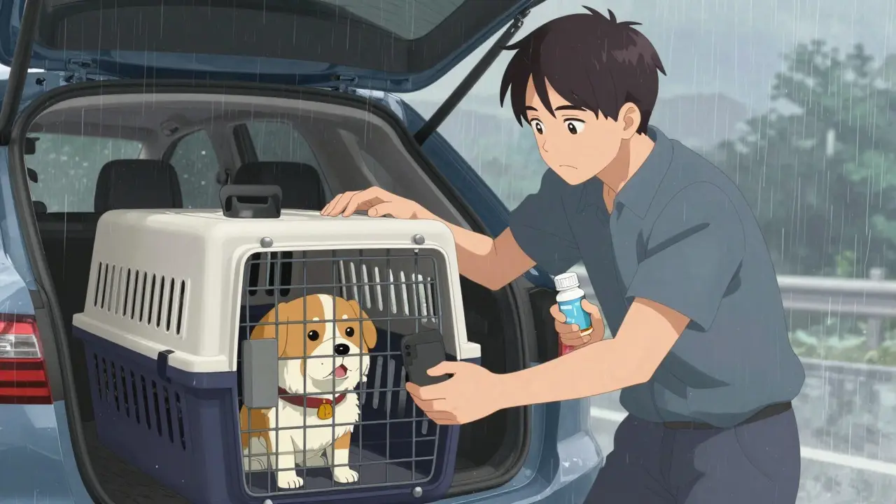 Anime owner rushing pet to vet with meds and phone