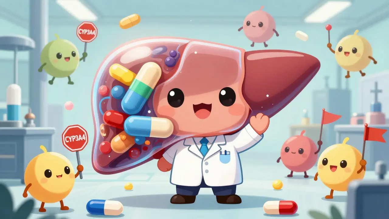 Anime style illustration of liver enzymes interacting with drugs inside the body