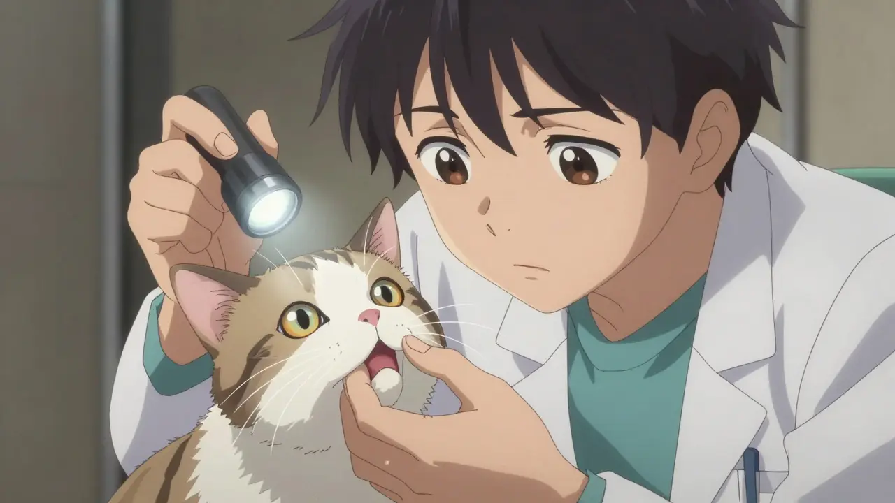 Anime vet checking cat's pupils and gums for overdose signs