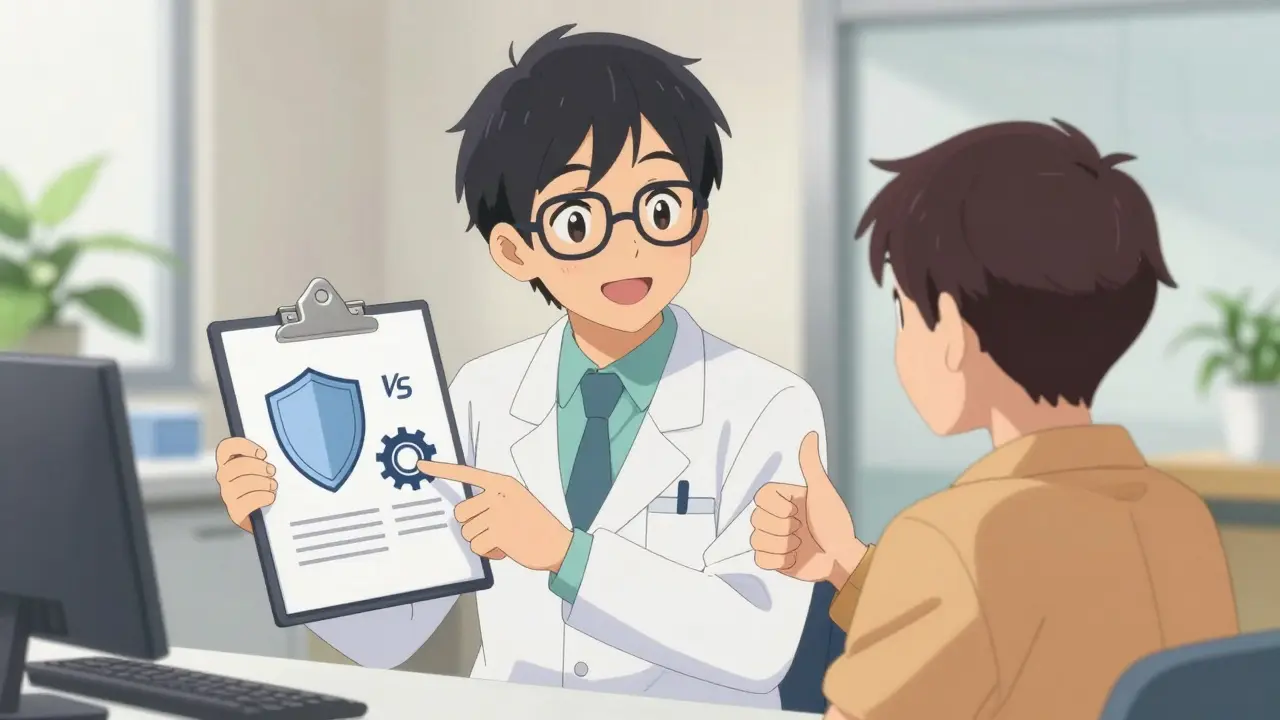 Friendly anime doctor explaining medication reactions to a relieved patient