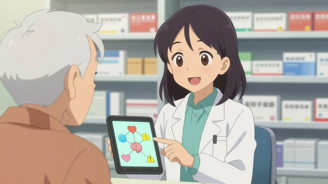 Friendly anime pharmacist advising an elderly patient on medication safety