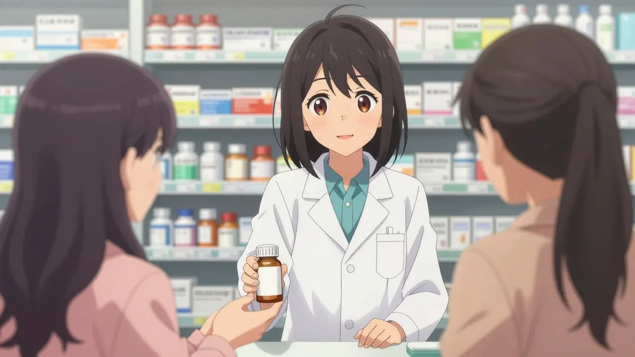 Friendly anime pharmacist handing medication to a patient