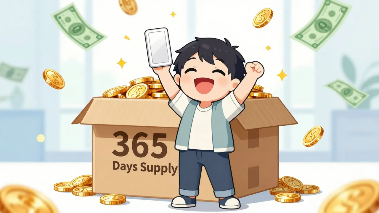 Happy anime character celebrating bulk medicine purchase with coins