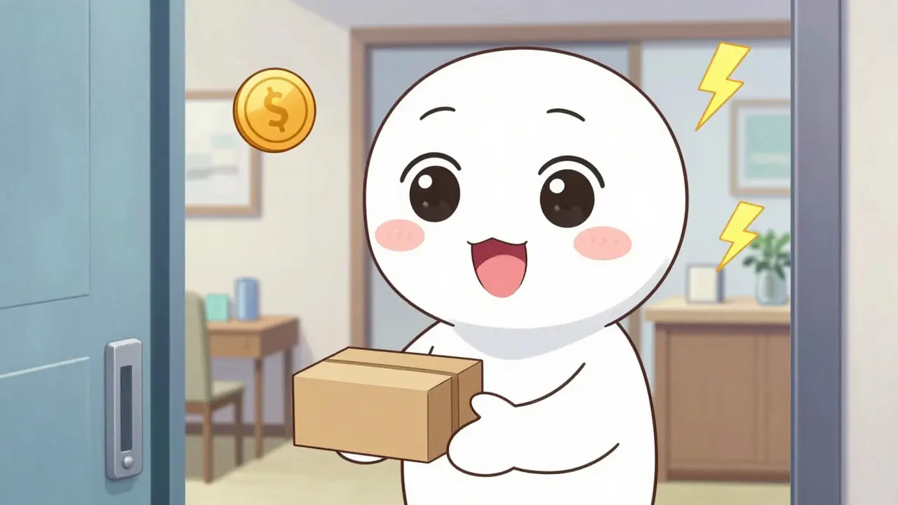 Happy anime character receiving a medication package at home