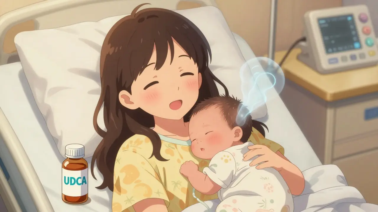 Happy anime mother holding newborn after safe delivery