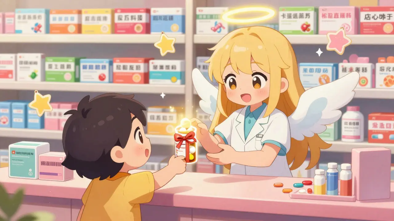 Moe style angelic pharmacist handing a glowing pill bottle to a happy customer.