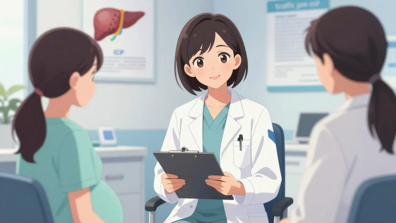 Moe style doctor explaining liver condition to pregnant patient
