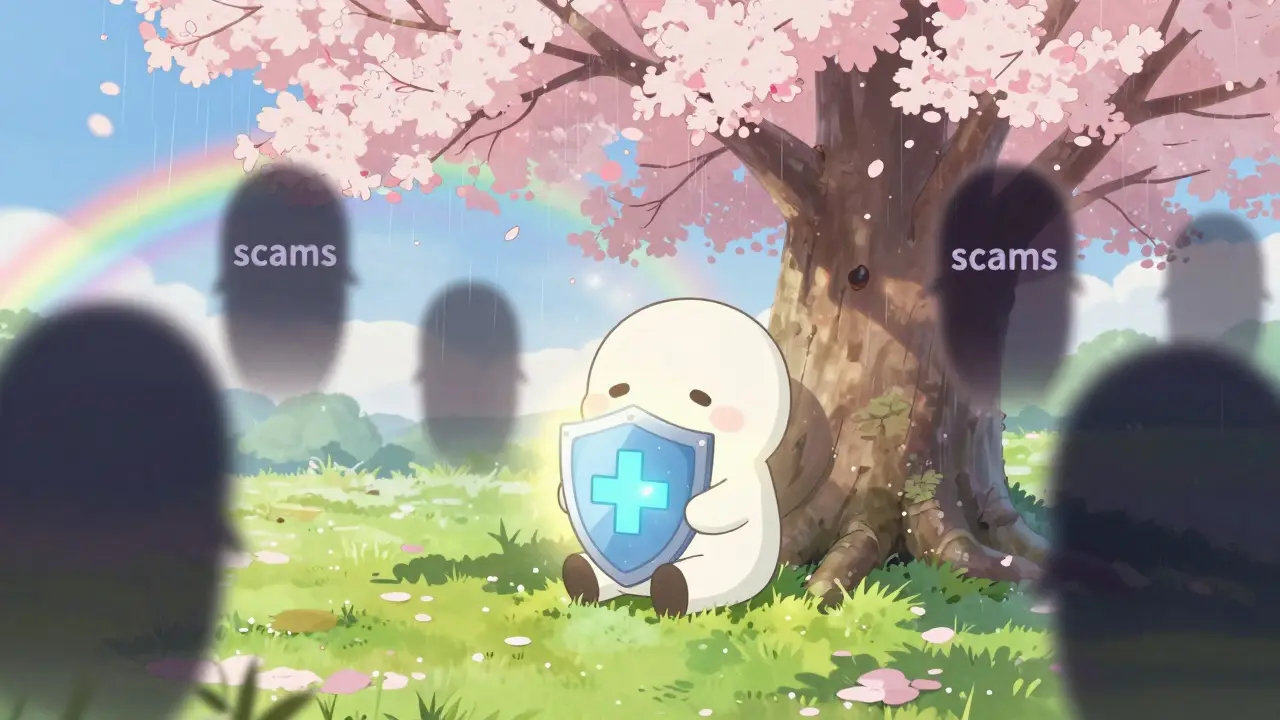 Serene anime character protected by a light shield in a peaceful cherry blossom garden.