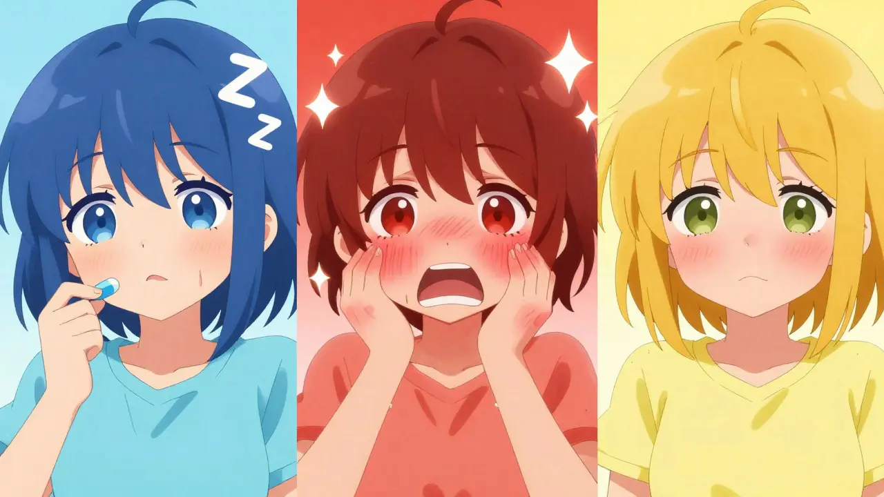 Three anime characters illustrating side effects, allergies, and intolerance