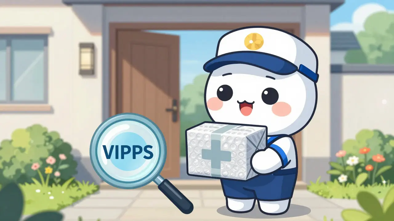 Adorable anime mail carrier delivering verified medicine package