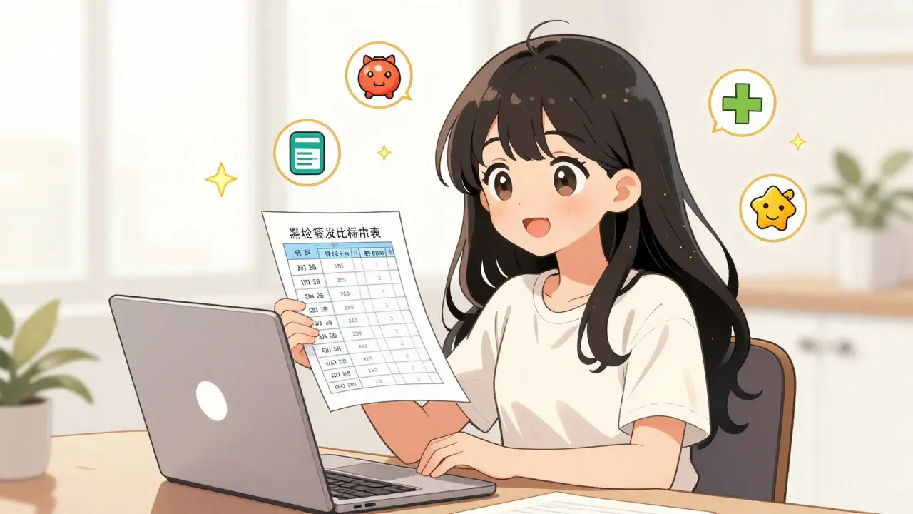 An adorable Moe manga character using a laptop to compare medication prices, representing smart shopping strategies.