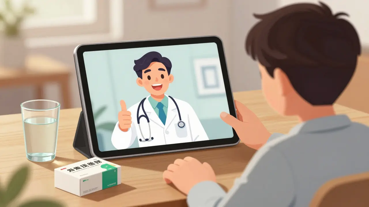 Anime character having a safe telemedicine consultation on a tablet at home.