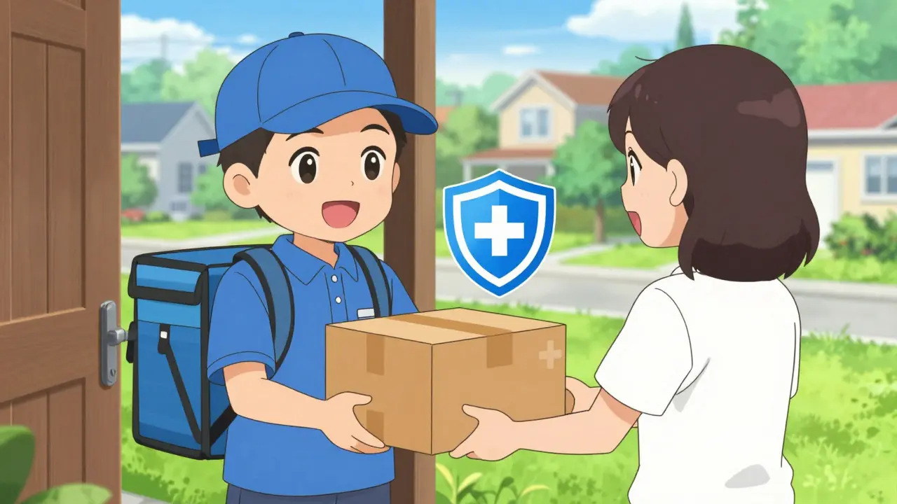 Anime courier delivering safe medication package to customer