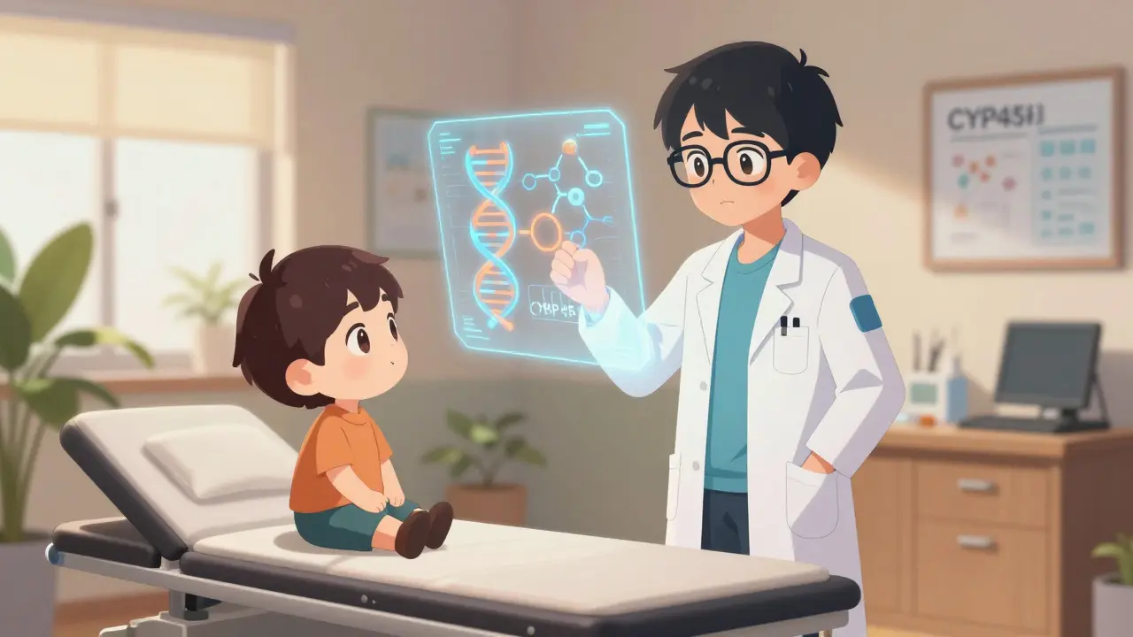 Anime doctor showing DNA hologram to a small patient
