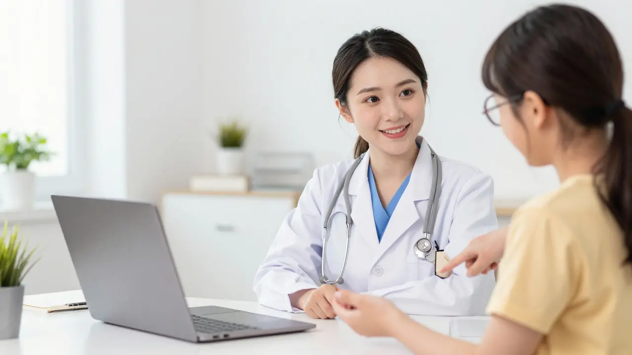 Anime girl having video call with friendly doctor