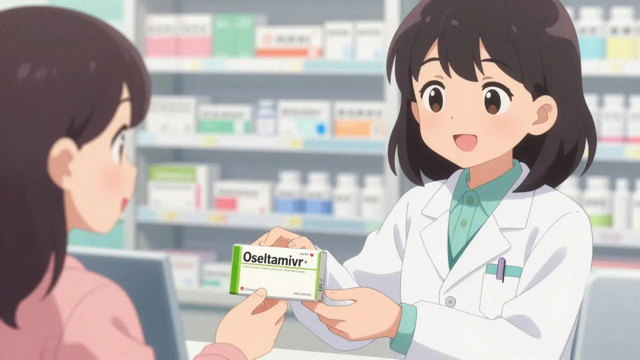 Anime pharmacist handing medicine to a smiling customer