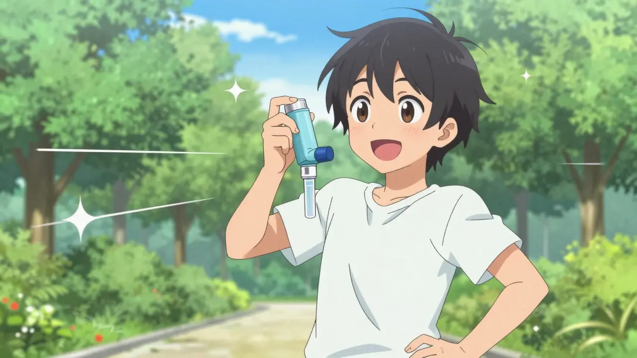 Cheerful anime teen holding an inhaler with a spacer in a sunny park