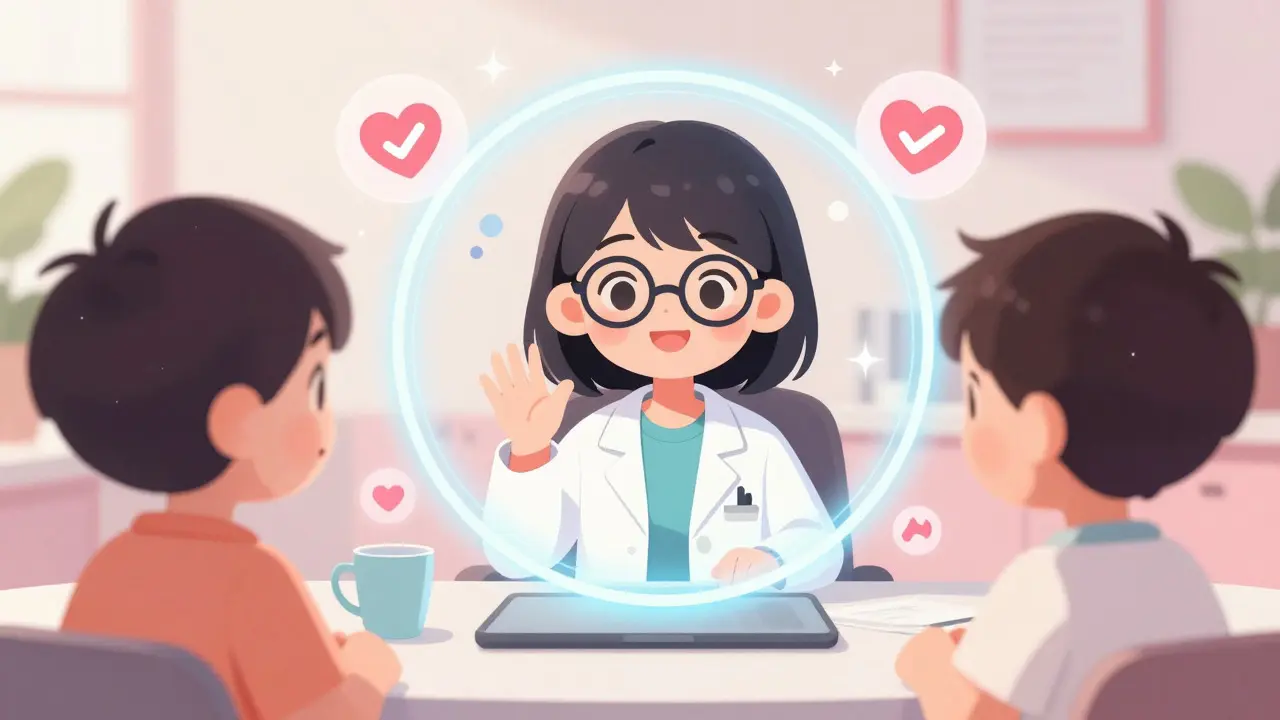 Chibi anime doctor consulting with patient via video call interface