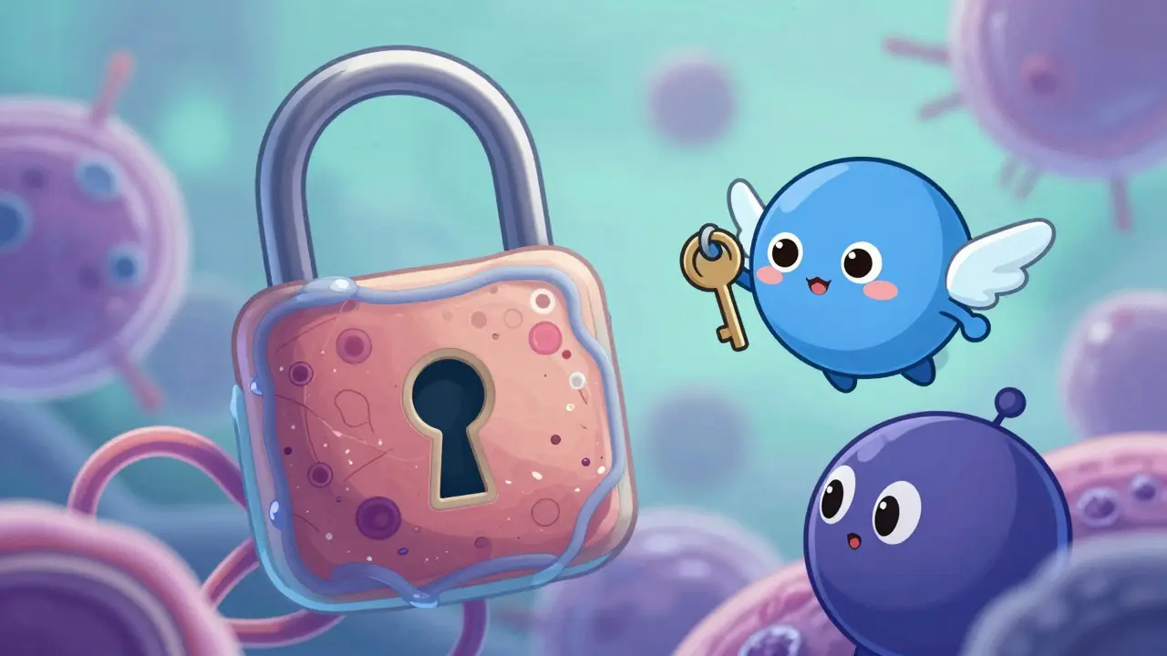 Chibi drug molecule fitting into a cell receptor lock