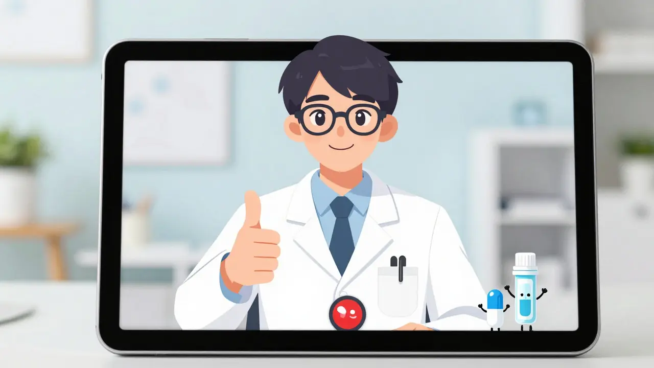 Friendly anime doctor on video call with medicine characters