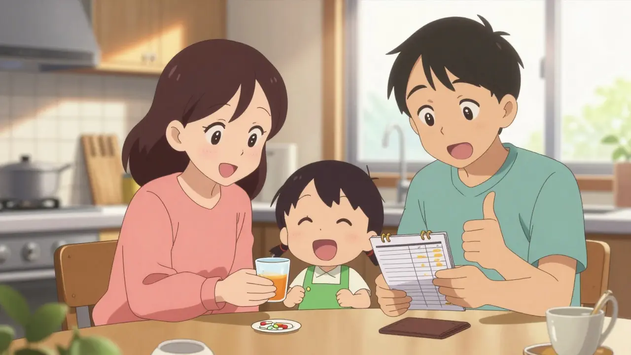 Happy anime family taking generic medicine together in a sunny kitchen.