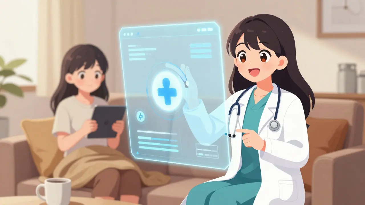 Happy anime girl consulting with a doctor via tablet