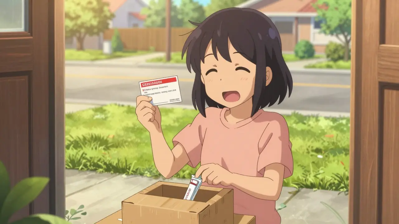 Happy anime girl receiving medicine package
