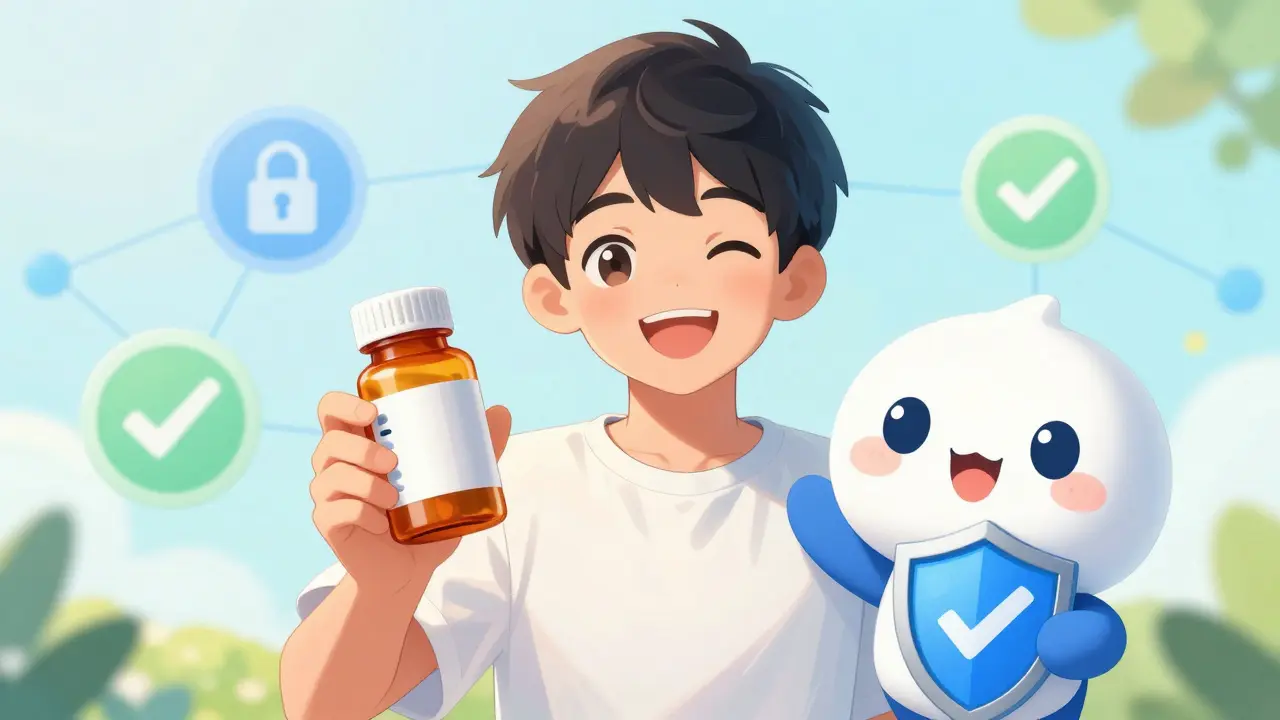 Happy anime person holding medicine with a safety mascot nearby.