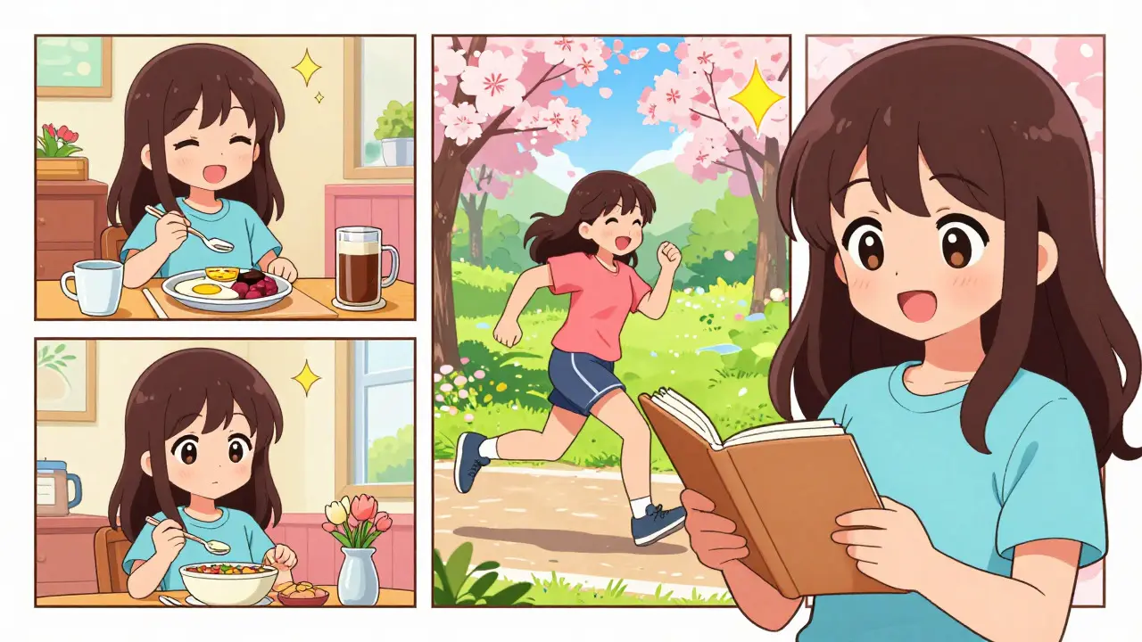 Moe style anime girl enjoying healthy breakfast and exercising outdoors