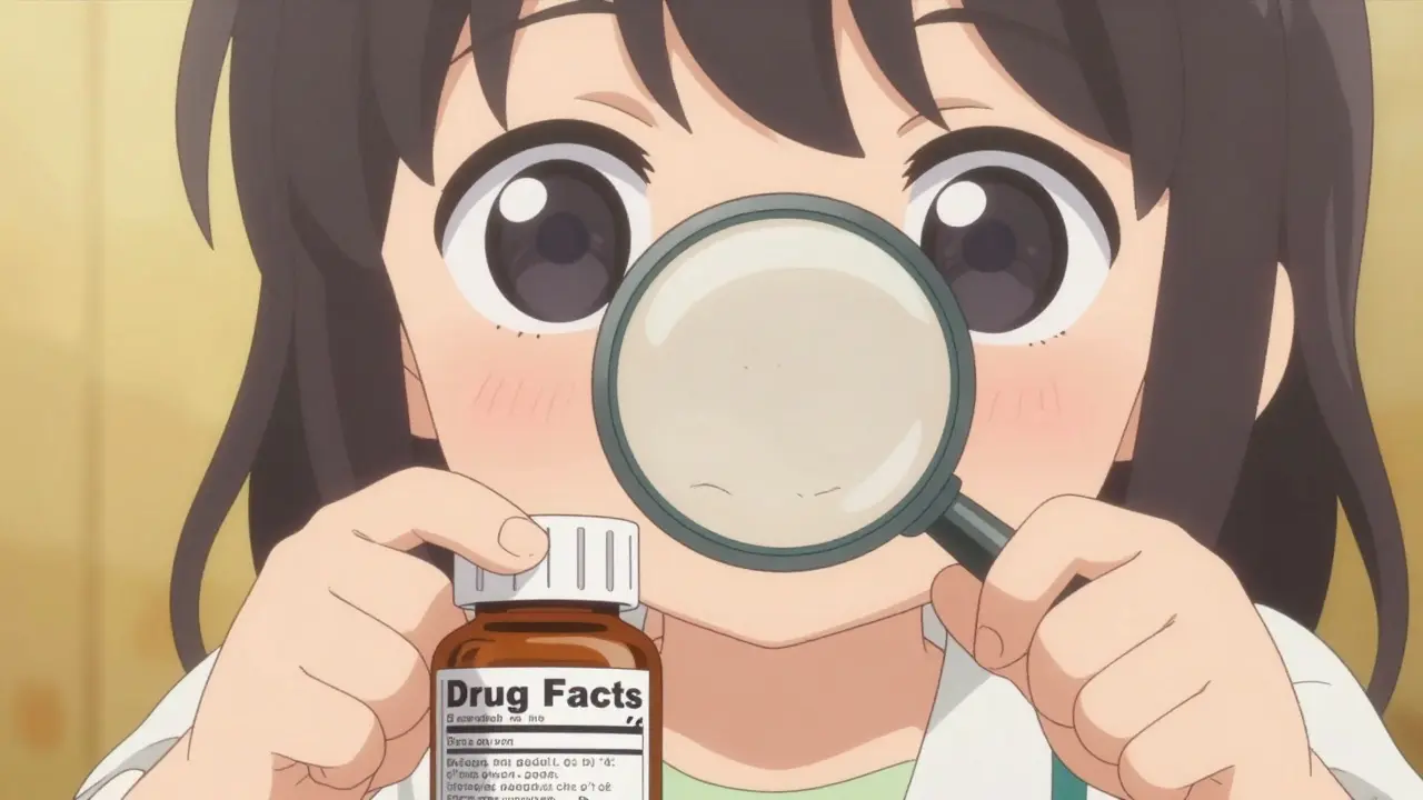 Moe style character inspecting drug facts label with a magnifying glass.