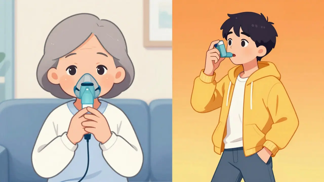 Moe style split scene showing nebulizer use at home and inhaler on the go