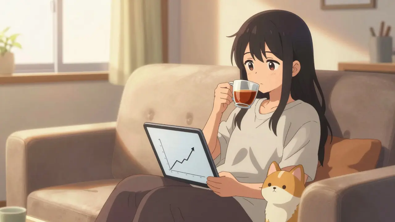 Relaxed anime character reviewing progress on a tablet in a cozy room