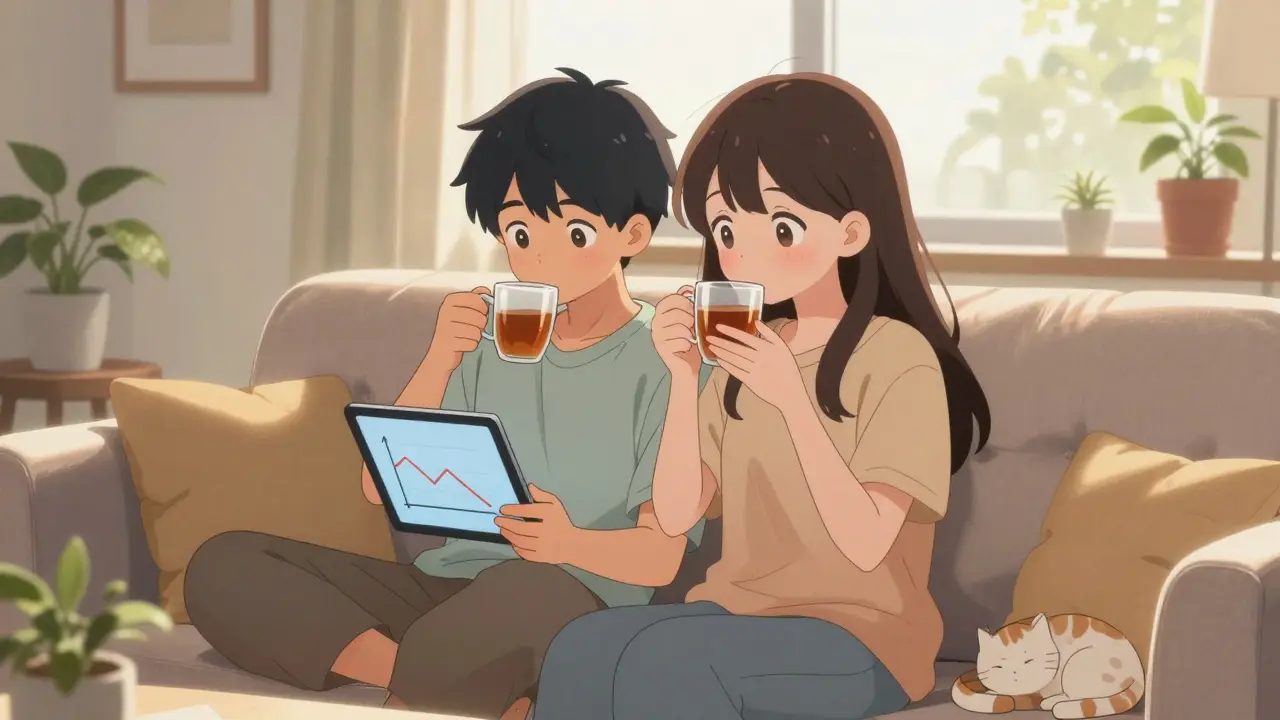 Relaxed anime couple enjoying financial savings