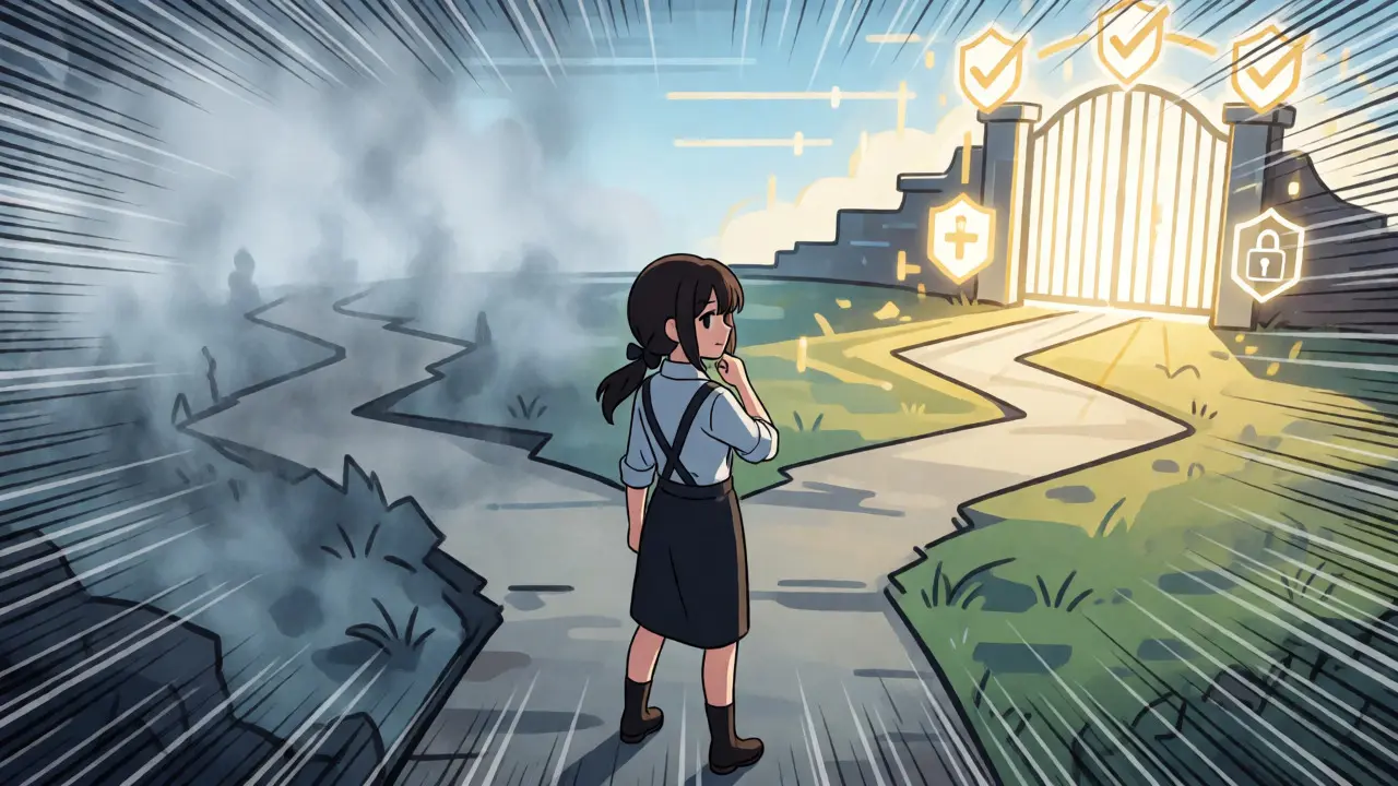 Anime character choosing safe verified path over risky foggy route